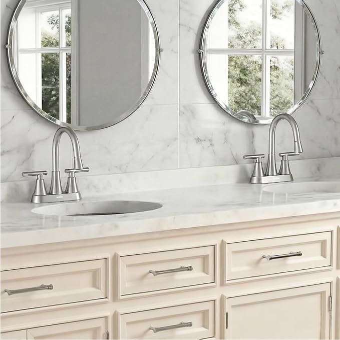 Centerset Bathroom Faucet with Pull Out Sprayer, 4 Inch 2 Handle Sink Faucet with Pop Up Drain, Stainless Steel Vanity Faucet with 2 Supply Hoses, Brushed Nickel