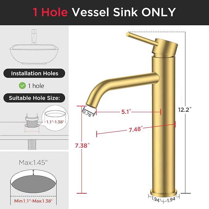 FORIOUS Vessel Tall Bathroom Faucet 1 Hole Brushed Gold Single Handle | for 1 Hole Vessel Sink Only, Single Handle Faucet with Pop up Drain, for Basin Bowl Vanity Lavatory Residential/Commercial