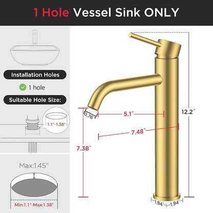 FORIOUS Vessel Tall Bathroom Faucet 1 Hole Brushed Gold Single Handle | for 1 Hole Vessel Sink Only, Single Handle Faucet with Pop up Drain, for Basin Bowl Vanity Lavatory Residential/Commercial