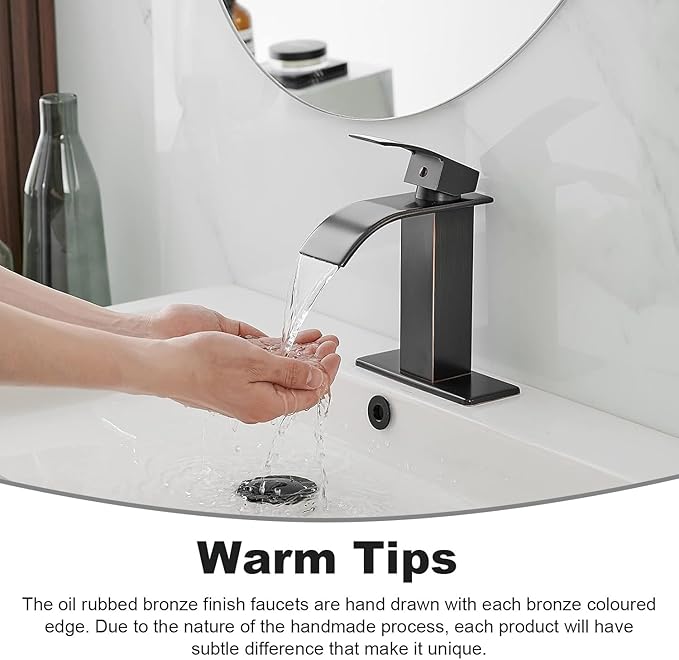 BWE Waterfall Bathroom Faucet Oil Rubbed Bronze Faucet for Bathroom Sink 1 Hole Single Handle Modern Vanity Faucet Lavatory Bath Mixer Tap with Pop Up Drain Assembly with Overflow and Supply Line