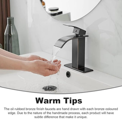 BWE Waterfall Bathroom Faucet Oil Rubbed Bronze Faucet for Bathroom Sink 1 Hole Single Handle Modern Vanity Faucet Lavatory Bath Mixer Tap with Pop Up Drain Assembly with Overflow and Supply Line