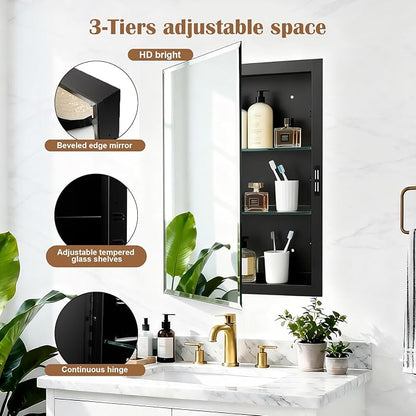 16x20'' Bathroom Medicine Cabinet Mirror with Storage, Surface Mount or Recessed Medicine Cabinet with 3-Tiered Adjustable Tempered Glass Shelves