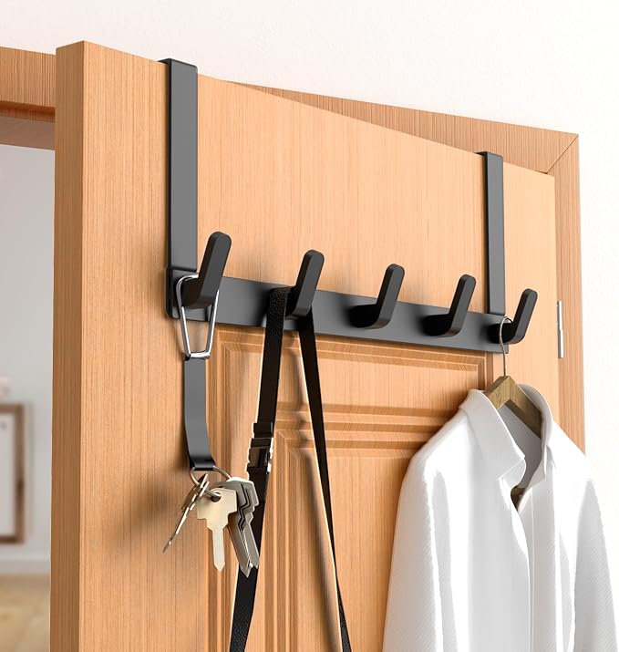 Over The Door Hooks Hanger, Heavy Duty Rack for Winter Coat, Fits 1 3/8" Doors, L7U - Bathroom Accessories and Towel Organizer Holder, Matte Black