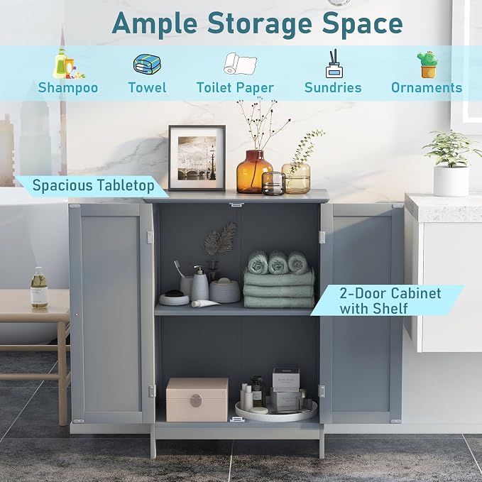 Giantex Storage Cabinet with Doors and Shelves - Freestanding Storage Organizer with Anti-Tipping Device, Entryway Storage Unit for Living Room, Home Decor, Bathroom Floor Cabinet (Gray)