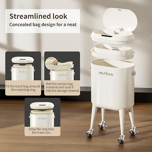 MRBIN Metal Slim Bathroom Motion Sensor Trash Can with Lid and Wheels, 13L / 3.4gal Electric Touchless Toilet Waste Basket with Legs for Narrow Vanity, Rvs, Dorm, Kitchen, Cream White