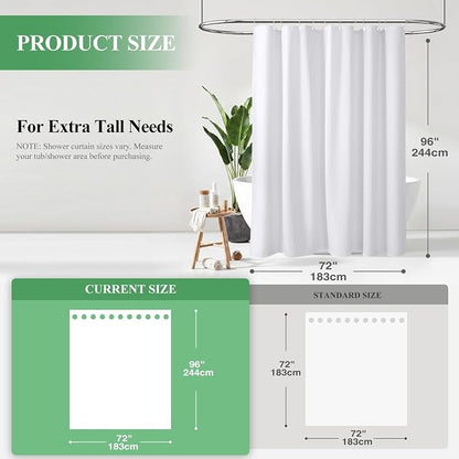Extra Long Waffle Shower Curtain 256 GSM Fabric 72x96 White | 96 Inch Tall, Thick Cloth, Weighted Hem, Water Repellent, Hotel Luxury Polyester Shower Curtain Set for Bathroom 12 Hooks