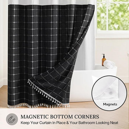 RiverDream Farmhouse No Hooks Shower Curtain with Snap-in Liner,Black,71x74 | Snap on Fabric Liner,Heavy Duty,Quick Dry,Mesh Top Window,With Bottom Magnets,Washable,with Tassels,Standard Size