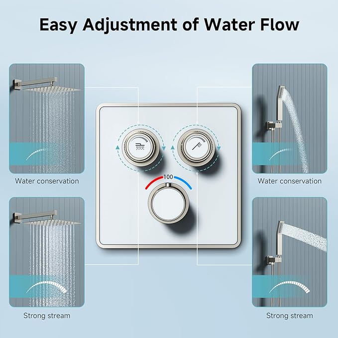 SR SUN RISE 100℉ Thermostatic Shower System,10" Luxury Rainfall Shower Head and High-Pressure Handheld Bathroom Shower Faucet Set,Shower Valve and Trim Kit Included (Brushed Nickel)