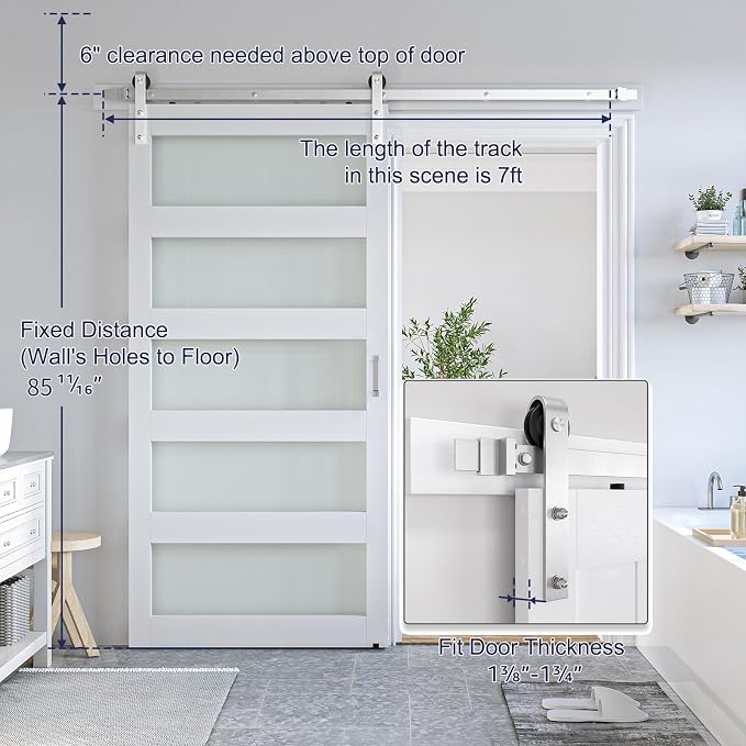 SMARTSTANDARD 40 x 84 in Glass Barn Door with 7FT Silver Sliding Hardware | Brushed Nickel Sliding Hardware Kit & Handle, Pre-Drilled Ready to Assemble, Waterproof PVC Coating, White, 5-Panel Glass