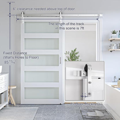 SMARTSTANDARD 40 x 84 in Glass Barn Door with 7FT Silver Sliding Hardware | Brushed Nickel Sliding Hardware Kit & Handle, Pre-Drilled Ready to Assemble, Waterproof PVC Coating, White, 5-Panel Glass
