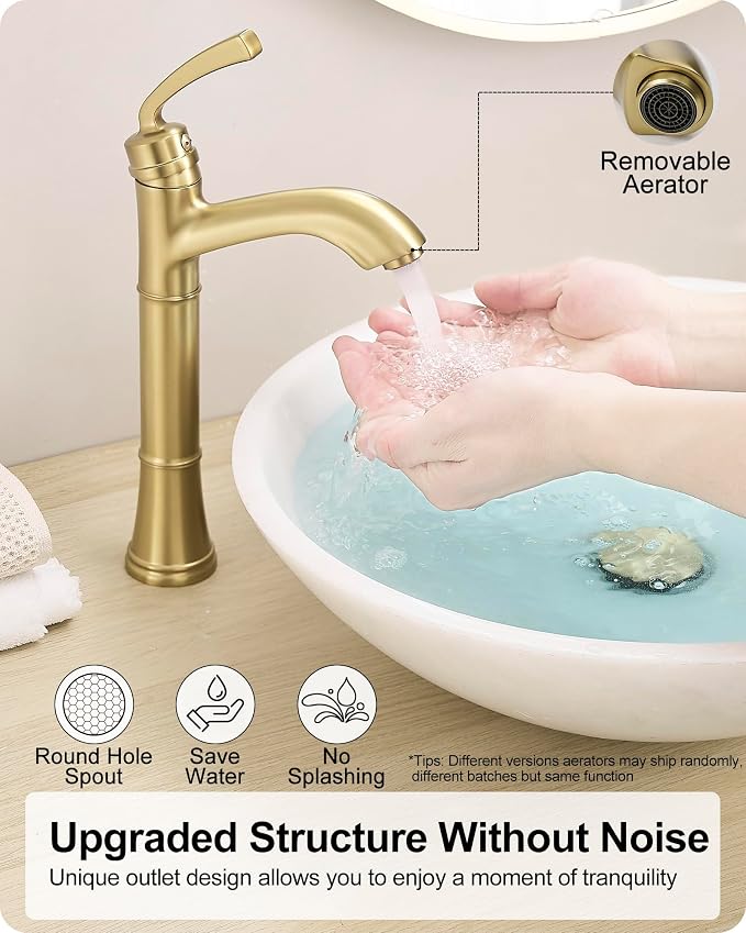 Brass Gold Vessel Sink Faucet, Tall Single Hole Bathroom Faucet for Vessel Sink Single Handle with Pop-Up Drain & Pre-Installed Hoses