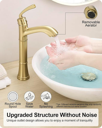 Brass Gold Vessel Sink Faucet, Tall Single Hole Bathroom Faucet for Vessel Sink Single Handle with Pop-Up Drain & Pre-Installed Hoses