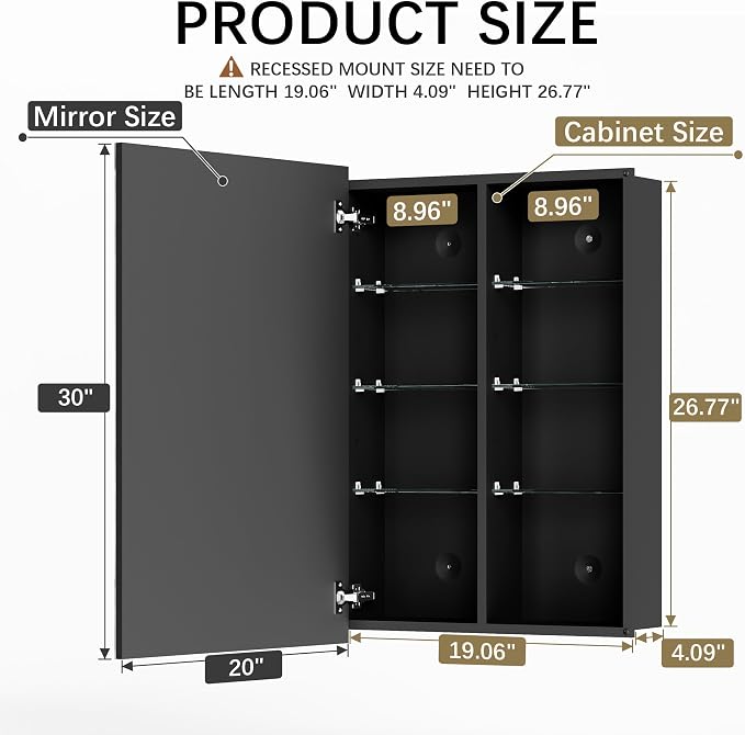 Medicine Cabinet with Mirror, 20 x 30 Frameless Beveled Bathroom Mirror with Storage, Aluminum Recessed or Wall Mount Medicine Cabinet, 6 Adjustable Shelves for Tall Bottles, DTC Soft Close