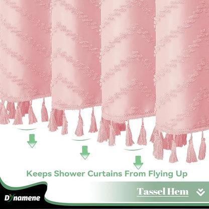 Boho Farmhouse Fabric Shower Curtain Tufted Chevron 72"x72" Pink | Elegant Tassel, Soft Lightweight Textured Cloth, Water Repellent, Washable, Hotel Spa, for Bathroom/Dorm/Apartment 12 Hooks
