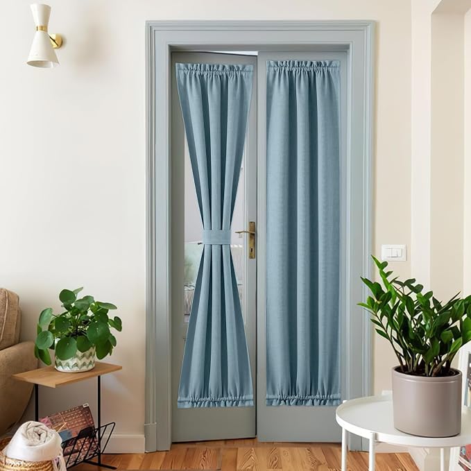 NICETOWN Blackout Door Curtain Solid French Door Cover, Farmhouse Room Darkening Thermal Insulated Faxu Linen Window Curtain Drape for Windows, 1 Panel, W25 x L72 inch, Mist Blue