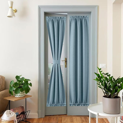 NICETOWN Blackout Door Curtain Solid French Door Cover, Farmhouse Room Darkening Thermal Insulated Faxu Linen Window Curtain Drape for Windows, 1 Panel, W25 x L72 inch, Mist Blue