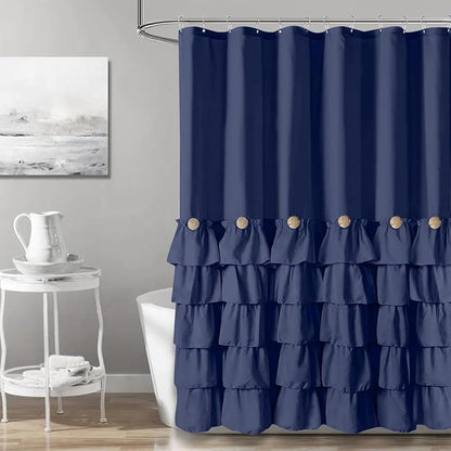 Seasonwood Navy Blue Shower Curtain for Bathroom Ruffle Shower Curtain 72 X 72 Inches Farmhouse Shower Curtains with Buttons & Blue Ruffles | Natural button accents, layered fabric tiers, shabby chic and French country styling for decorative bathroom u...