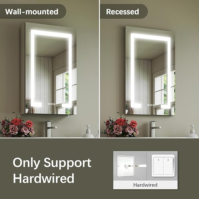 20x26 Inch Bathroom Medicine Cabinet with Mirror, Lighted Bathroom Mirror Cabinet, Recessed/Surface Mount Medicine Cabinet with Socket & USB, Anti-Fog, 3 Colors Temperature, Dimmable Light