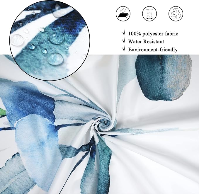 Blue Eucalyptus Leaf Long Shower Curtain, Blue Botanical Watercolor Plants Bathroom Curtain Bathtub Home Decor Waterproof Fabric Machine Washable with 12 PCS Hooks,72" Wx96 L