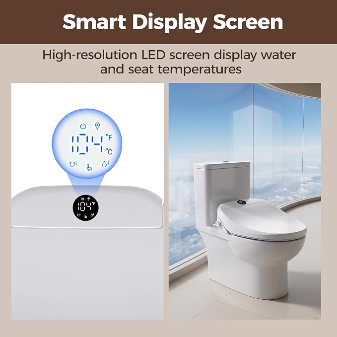 Bidet Toilet Seat Round, Electric Bidet Seat for Bathroom 225D | with Instant Warm Water, Warm Air Dryer, Self-Cleaning Nozzle, Soft Close Lid, Night Light