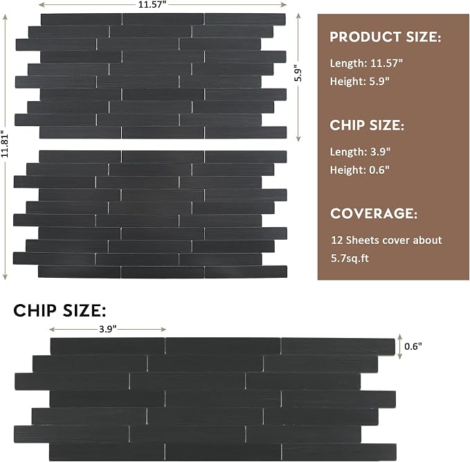 12 Sheets Black Peel and Stick Backsplash, Brushed Metal Subway Linear Tile for Kitchen Fireplace