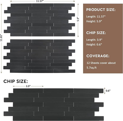 12 Sheets Black Peel and Stick Backsplash, Brushed Metal Subway Linear Tile for Kitchen Fireplace