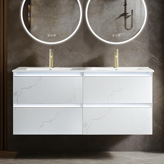 Blossom 48 inch Double Bathroom Vanity with Ceramic Sinks, LED Lighted | Wall Mounted Floating Vanity with 2 Sinks, Dimmable LED Lights | Modern Floating Design for Bathrooms | Calacatta White