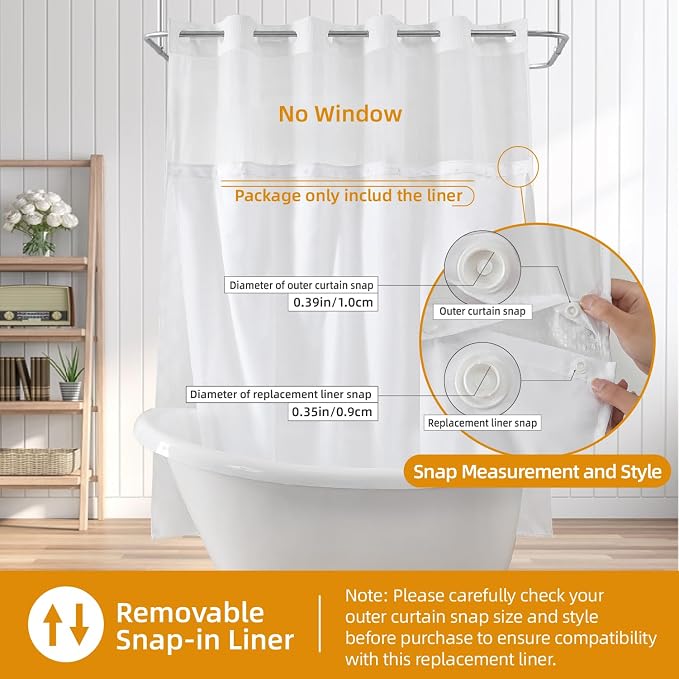 eachope 2 Pack Fabric Snap-in Shower Curtain Liner Replacement,Compatible with No Hook Shower Curtain with Snap in Liner, Removable & Water-Repellent,Machine Washable,70x66,White