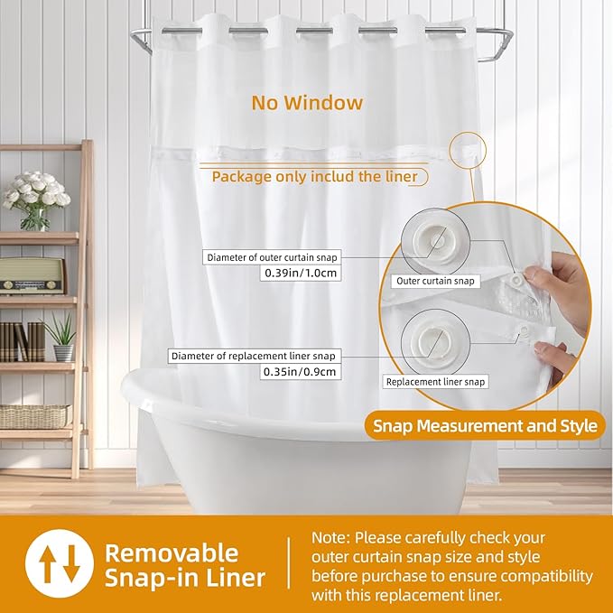 eachope 2 Pack Fabric Snap-in Shower Curtain Liner Replacement,Compatible with No Hook Shower Curtain with Snap in Liner, Removable & Water-Repellent,Machine Washable,53x60,White