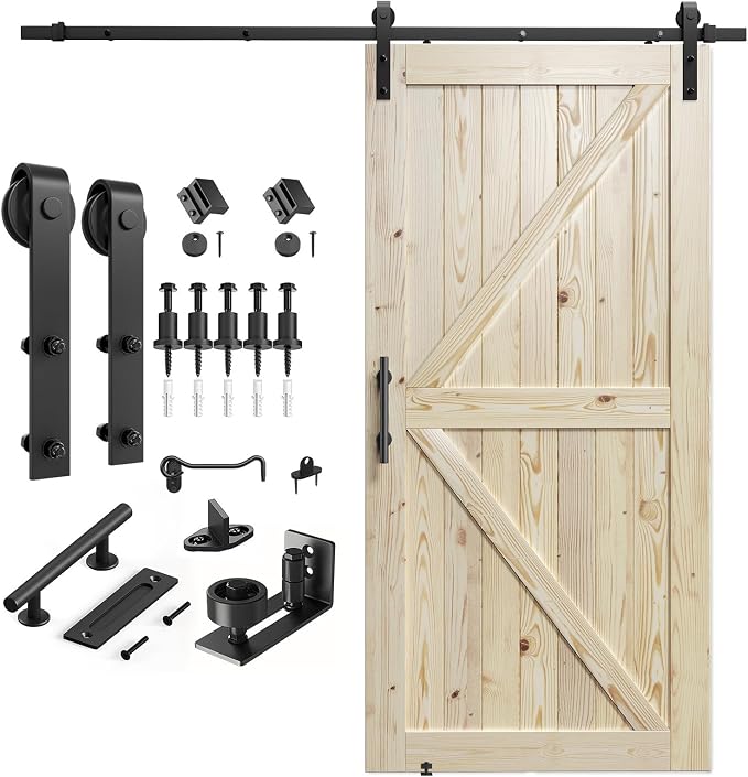 SMARTSTANDARD 42in x 84in Sliding Barn Door with 7ft Barn Door Hardware Kit Included, Unfinished Solid Spruce Wood Door, Assembly Required, DIY, Stainable, Natural | Unfinished Solid Spruce Wood Door, Assembly Required, DIY, Stainable, Natural