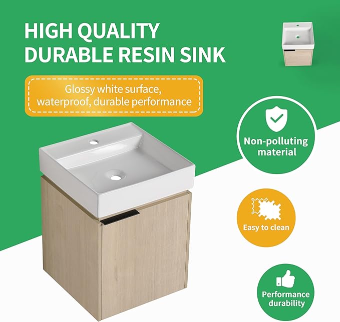18 Inch Bathroom Vanity with Sink,Wall Mounted Bathroom Vanity Sink Combo with Soft Close Door for Small Space,Modern Floating Bathroom Vanity with Top Basin & Storage Cabinet