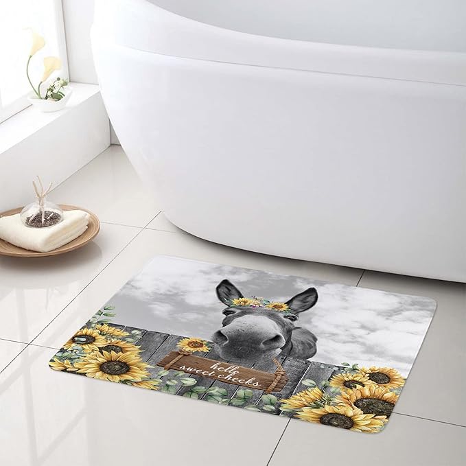 HVEST Farmhouse Donkey Shower Curtain with Bath Mat Rustic Vintage Sunflower Yellow Floral Bathroom Sets with Shower Curtain and Rugs Vintage Wood Shower Curtain with Hooks Bathroom Decor