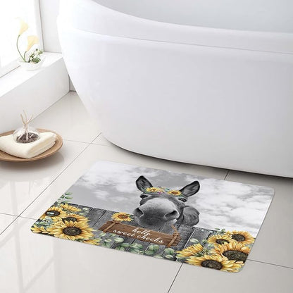 HVEST Farmhouse Donkey Shower Curtain with Bath Mat Rustic Vintage Sunflower Yellow Floral Bathroom Sets with Shower Curtain and Rugs Vintage Wood Shower Curtain with Hooks Bathroom Decor