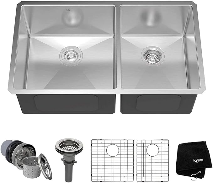 Kraus Kitchen Sinks Undermount - 33 Inch Stainless Steel Kitchen Sink, 60/40 Double Bowl, 16 Gauge, Model KHU103-33