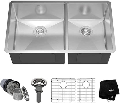 Kraus Kitchen Sinks Undermount - 33 Inch Stainless Steel Kitchen Sink, 60/40 Double Bowl, 16 Gauge, Model KHU103-33