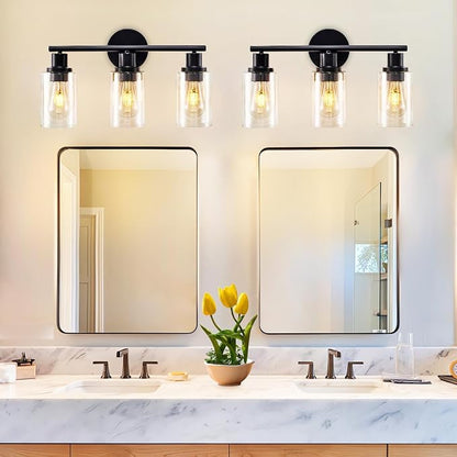 DLLT 3-Light Bathroom Light Fixtures: Set of 2 Black Modern Vanity Lights with Clear Glass Shade - 18.51" Bathroom Wall Lamp for Mirror Kitchen Living Room