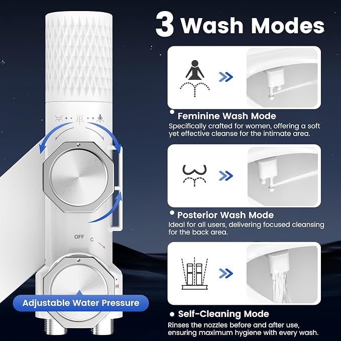 FEELSO Bidet Attachment for Toilet with Filter, Hot & Cold Toilet Bidet | Ultra-Slim & Non-Electric Bidet Sprayer, Self-Cleaning Dual Nozzle (Frontal/Rear Wash), Adjustable Water Pressure