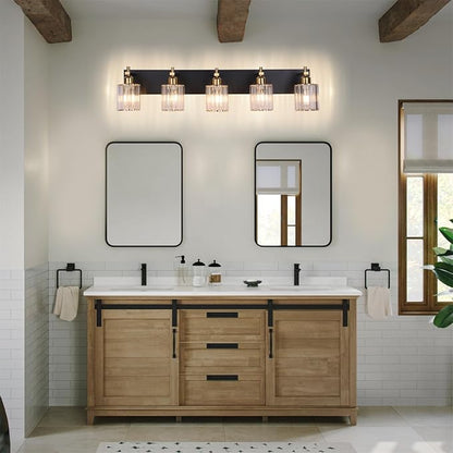 She's home 5-Light Vanity Lights for Bathroom: Black Gold Vanity Lights with Crystal Glass Shade, Modern Crystal Bathroom Light Fixtures Over Mirror, 34inch Black Gold Wall Sconce for Bath, E26 Base