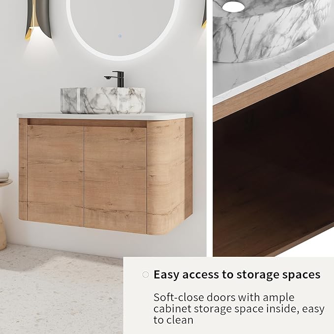 LKTART 30 Inch Floating Bathroom Vanity with Sink, Modern Wall Mounted Bathroom with Soft Close Door, Stone Round Ceramic Basin and Sintered Stone Top