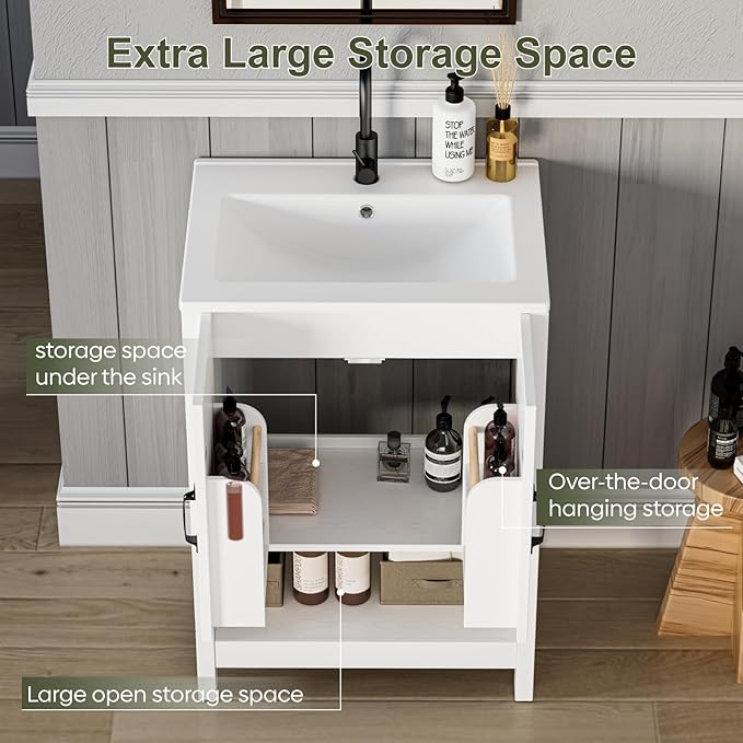 24 Inch Bathroom Vanity with Sink, Modern Bathroom Cabinet with LED Light, Bathroom Vanity Set, Double Soft Closing Cabinet Door with Organizer, White