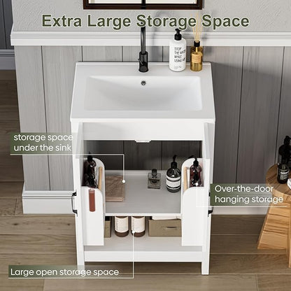 24 Inch Bathroom Vanity with Sink, Modern Bathroom Cabinet with LED Light, Bathroom Vanity Set, Double Soft Closing Cabinet Door with Organizer, White
