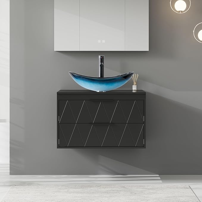 eclife 30" Floating Bathroom Vanities with Sink Combo, Wall Mounted Modern Cabinet W/Diamond Line Pattern Design, Blue Boat Glass Vessel Sink W/Water Save Faucet & Pop Up Drain, Black