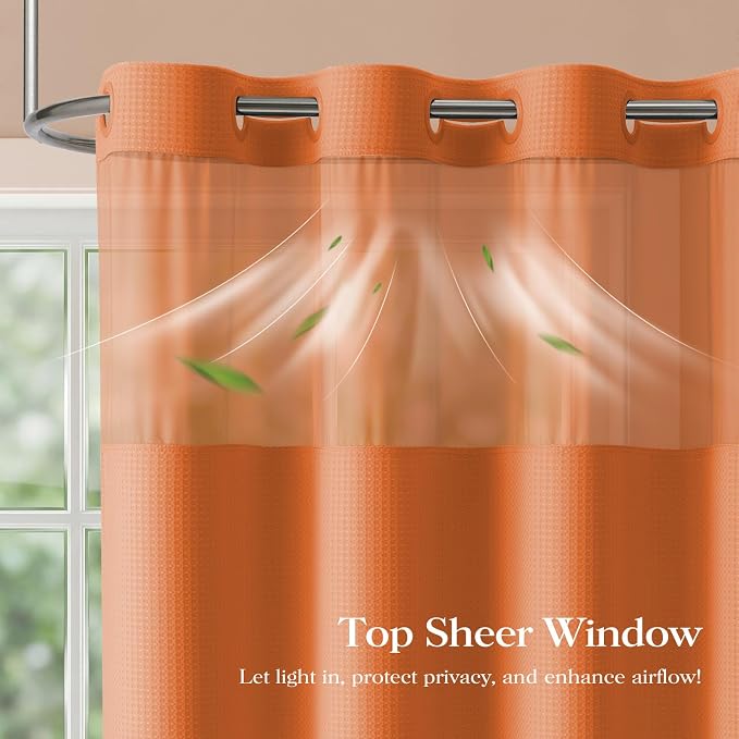 Burnt Orange Hook Free Waffle Shower Curtain & Snap-in Liner,72x75 | Less Time to install, 3 in 1 Fabric Shower Curtain and Liner Set with Magnets, Mesh Top Window, Shower Curtains for Bathroom