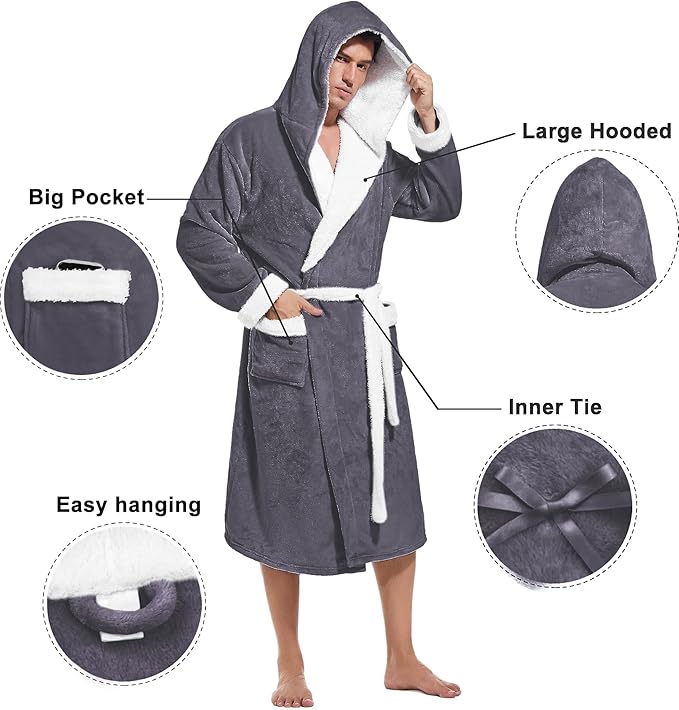 Inner Wish Mens Hooded Robe, Plush Long Bath robes Cozy Warm Bathrobe Fuzzy male Spa Robe With Pockets