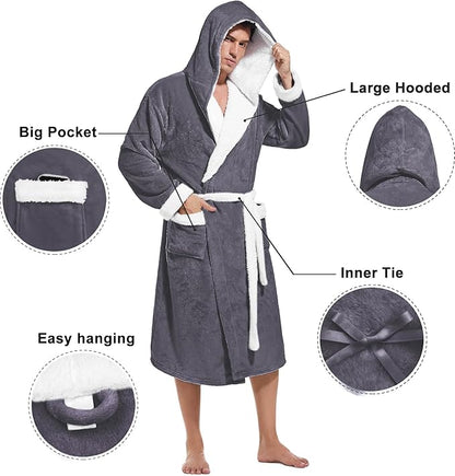 Inner Wish Mens Hooded Robe, Plush Long Bath robes Cozy Warm Bathrobe Fuzzy male Spa Robe With Pockets