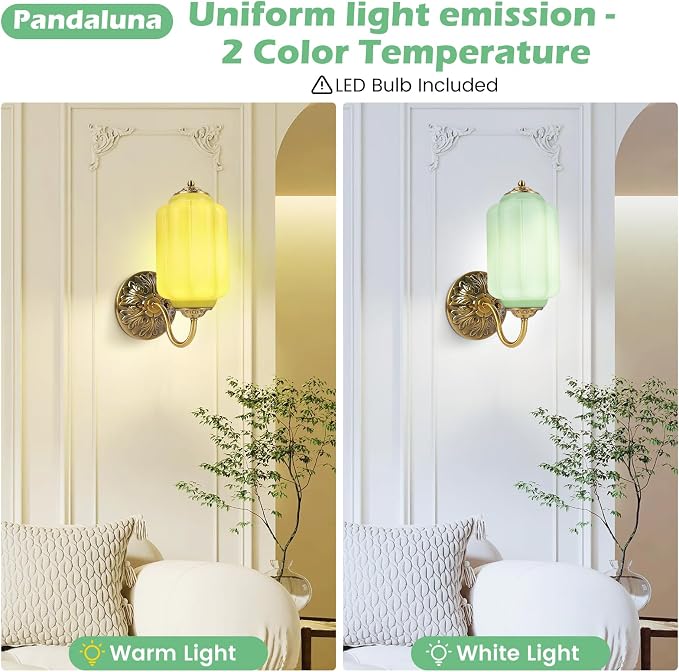 Green Glass Sconce Set of 2 Vintage Vanity Sconces Bulb Included | Green Glass Art Deco Antique Wall Sconce Wall Light for Bedroom Bathroom Living Room Entryway, Antique Gold and White 2 Pack
