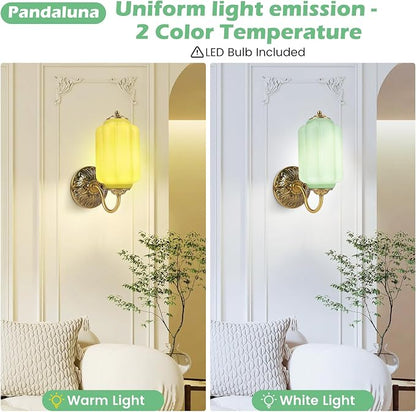 Green Glass Sconce Vintage Vanity Sconces Brass, Bulb Included | Green Glass Art Deco Antique Wall Sconce Wall Light for Bedroom Bathroom Living Room Entryway, Antique Gold and White 1 Pack