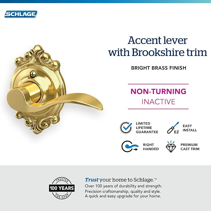 SCHLAGE Accent Lever with Brookshire Trim Non-Turning Lock in Bright Brass - Right Handed