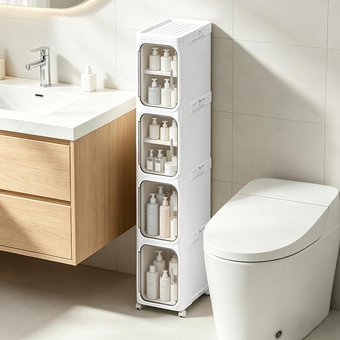 4-Tier Narrow Storage Cabinet Slim Bathroom Tall Skinny Organizer,White | Foldable Storage Cabinet with Lockable Rolling Wheels Magnetic Clear Door Adjustable Detachable Shelves For Narrow Space