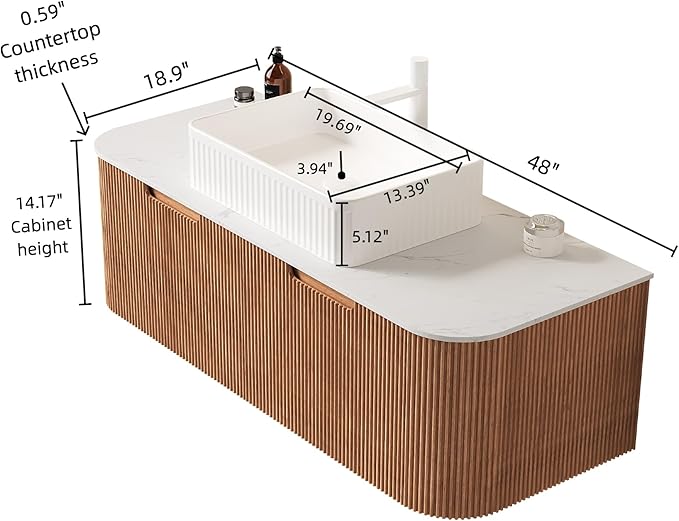 LKTART 48 Inch Floating Bathroom Vanity with Sink, Modern Wall Mounted Bathroom Storage Cabinet with Drawer, Square White Ceramic Sink Top and Marble Texture Top, Natural Wood